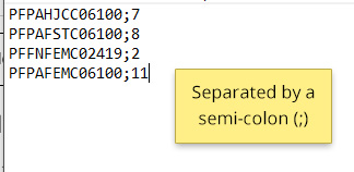 Example of a file ready for import with the product codes seaprated by a semi-colon